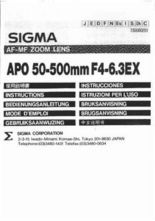 Sigma 50-500/4-6.3 manual. Camera Instructions.